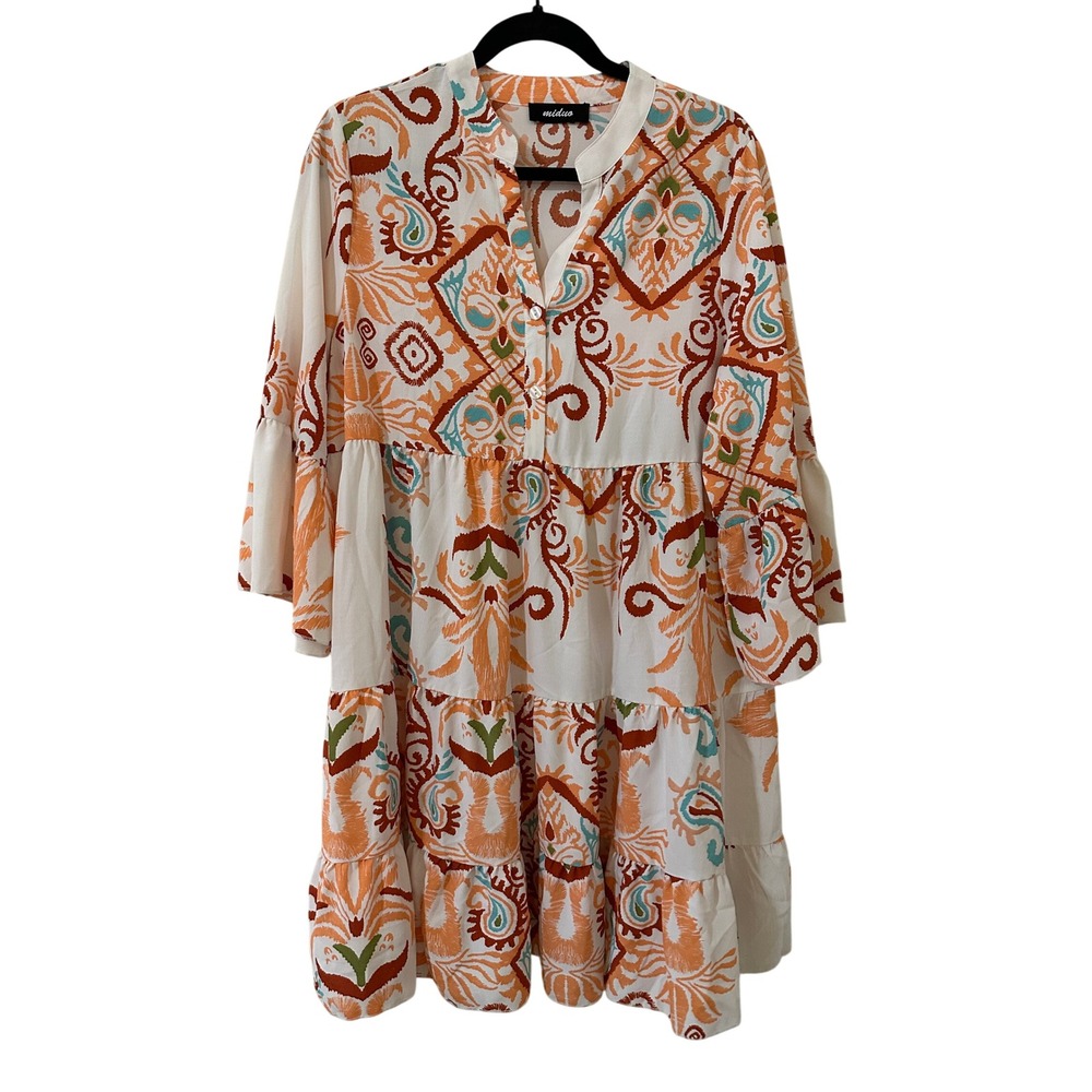 Miduo Womens Medium Boho Tiered Babydoll Dress Paisley Bell Sleeve Festival